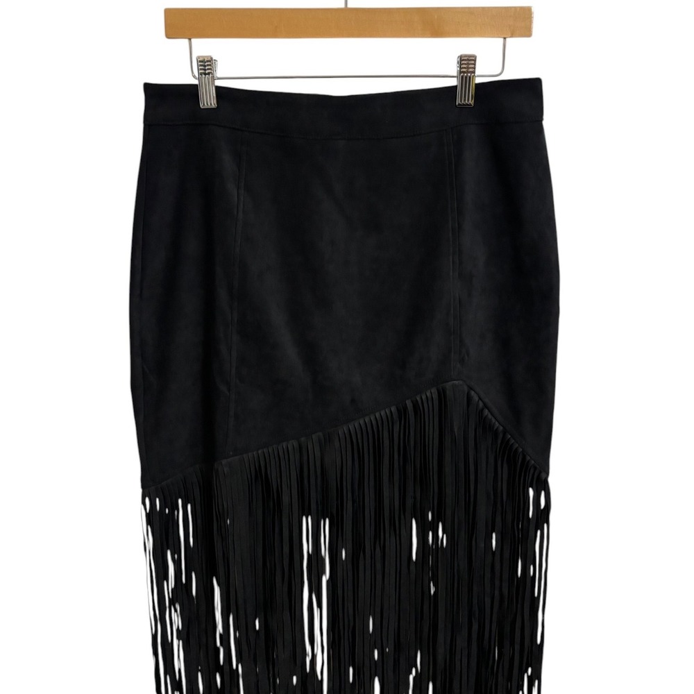 Rockin G Black Faux Suede Long Fringe Western Boho Festival Midi Skirt Large - Picture 7 of 11